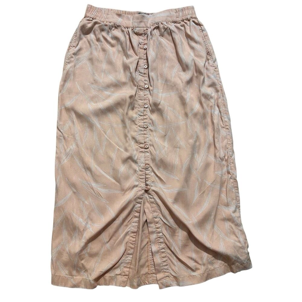 Prana Women’s Medium Midi Skirt Pink Leaf Print Button Front Elastic Waist Boho